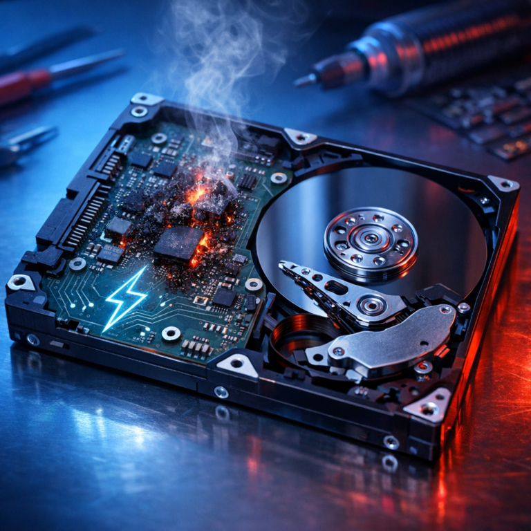 Festplatte nach Kurzschluss defekt – Kann ich die Daten retten? - Modern technical illustration of a defective hard drive after electrical short circuit, visible circuit board with subtle lightning symbol, data recovery concept, clean blue and red lighting, professional IT repair lab atmosphere, no text