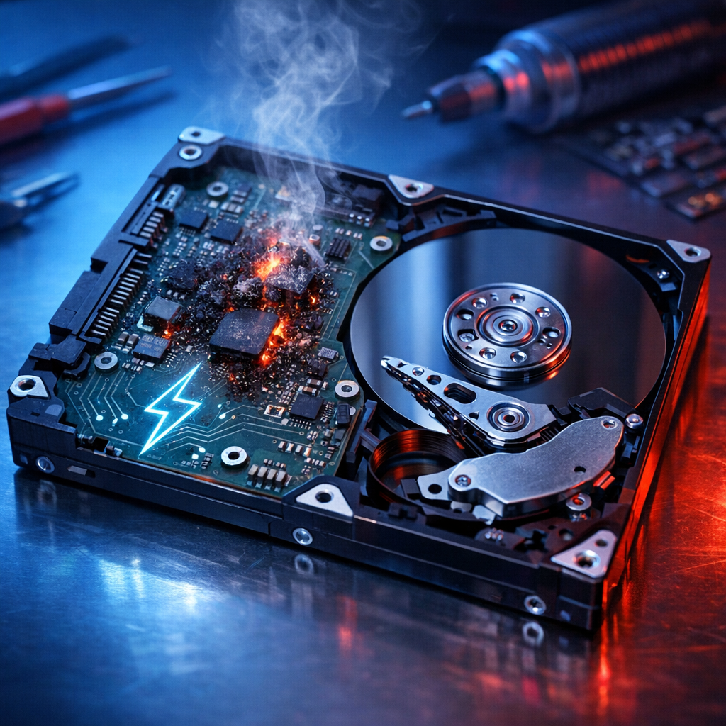 Festplatte nach Kurzschluss defekt – Kann ich die Daten retten? - Modern technical illustration of a defective hard drive after electrical short circuit, visible circuit board with subtle lightning symbol, data recovery concept, clean blue and red lighting, professional IT repair lab atmosphere, no text