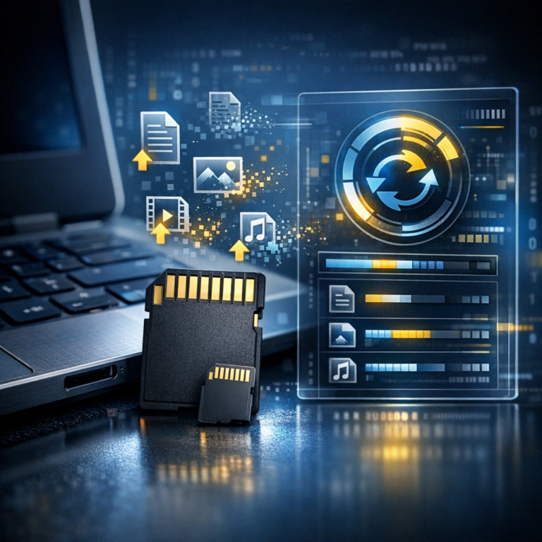Gelöschte Dateien auf der Speicherkarte: Wann Software hilft und wann sie schadet - Modernes technisches Beitragsbild zur Datenrettung von gelöschten Dateien auf SD- und microSD-Speicherkarten, Nahaufnahme einer Speicherkarte neben Laptop, digitale Dateisymbole und Wiederherstellungs-Interface, seriöser IT-Look, blau-gelbe Akzente, clean, high detail, no text