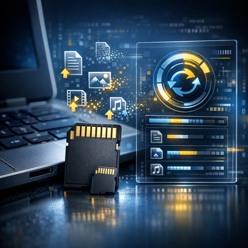Gelöschte Dateien auf der Speicherkarte: Wann Software hilft und wann sie schadet - Modernes technisches Beitragsbild zur Datenrettung von gelöschten Dateien auf SD- und microSD-Speicherkarten, Nahaufnahme einer Speicherkarte neben Laptop, digitale Dateisymbole und Wiederherstellungs-Interface, seriöser IT-Look, blau-gelbe Akzente, clean, high detail, no text