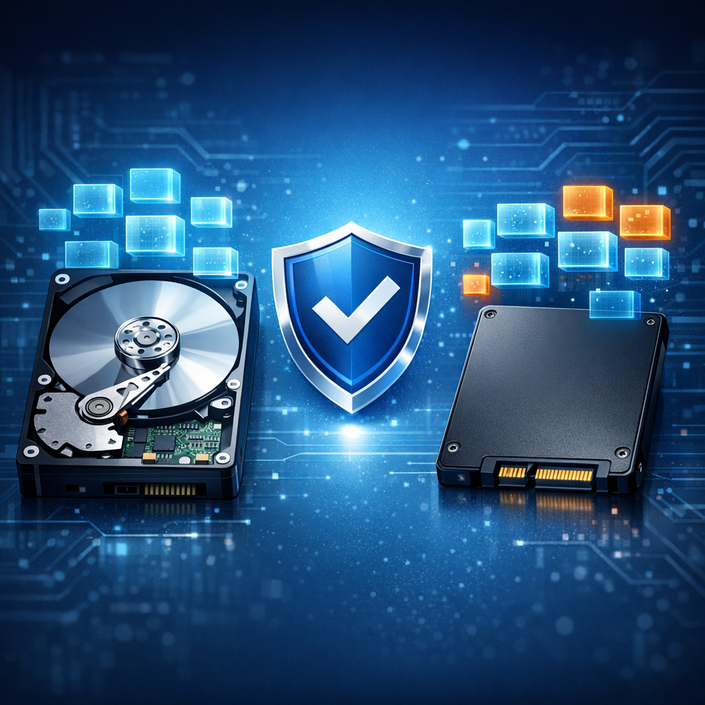 GELÖSCHTE Partition Wiederherstellen & Datenrettung - Modern professional data recovery illustration showing a hard drive and SSD with glowing partition blocks, recovery shield icon, blue technology background, clean corporate style, no text