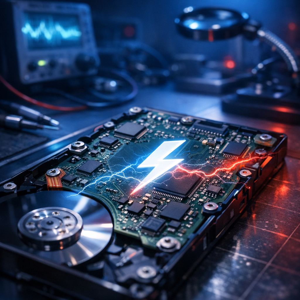 HDD-Kurzschluss & Überspannung - Modern professional data recovery hero image showing a hard disk drive circuit board with subtle lightning symbol and electrical surge concept, clean technical workspace, blue and red accent lighting, high detail, no text