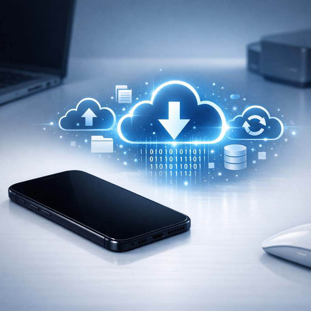 iPhone geht nicht mehr an? So retten Sie Ihre Daten (2026) - Modern professional tech illustration of a black iPhone that will not turn on, glowing data recovery cloud icons, Apple-like smartphone silhouette without logos, blue and white color scheme, clean digital workspace, backup and recovery concept, high quality blog featured image