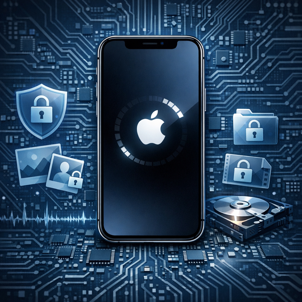 iPhone hängt im Bootloop und wichtige Fotos befinden sich nur auf dem Gerät – welche Ursachen dahinterstecken und warum ein Mainboardtausch nicht zur gewünschten Datenrettung führt - Modern technical illustration of an iPhone stuck in bootloop with Apple logo, data recovery concept, encrypted photos, circuit board background, clean professional blue tones, no text