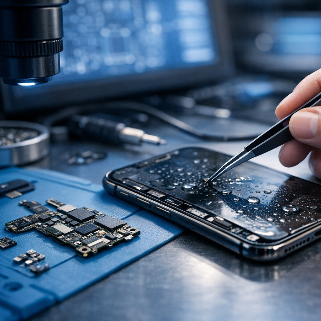 iPhone Hardware- & Wasserschäden – Datenwiederherstellung - Professional modern close-up of a water damaged iPhone being diagnosed on an electronics repair desk, tiny logic board components, data recovery concept, blue lighting, clean technical style, no text