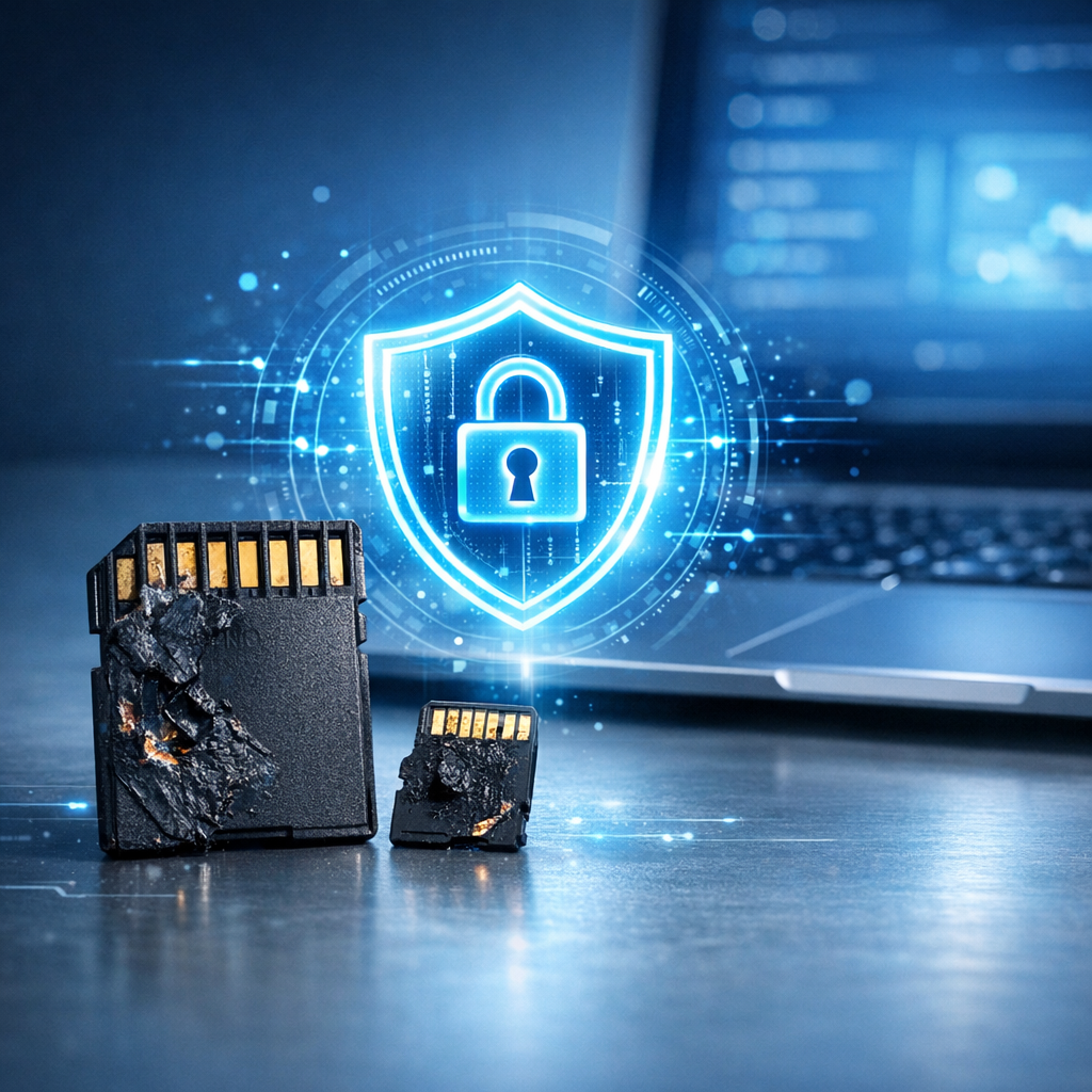 Karte beschädigt oder nicht lesbar? So sichern Sie Ihre Daten, ohne sie zu löschen - Modern professional data recovery concept: damaged SD card and microSD card on a clean desk, glowing secure backup shield icon, laptop in background, blue technology style, realistic, high quality, no text