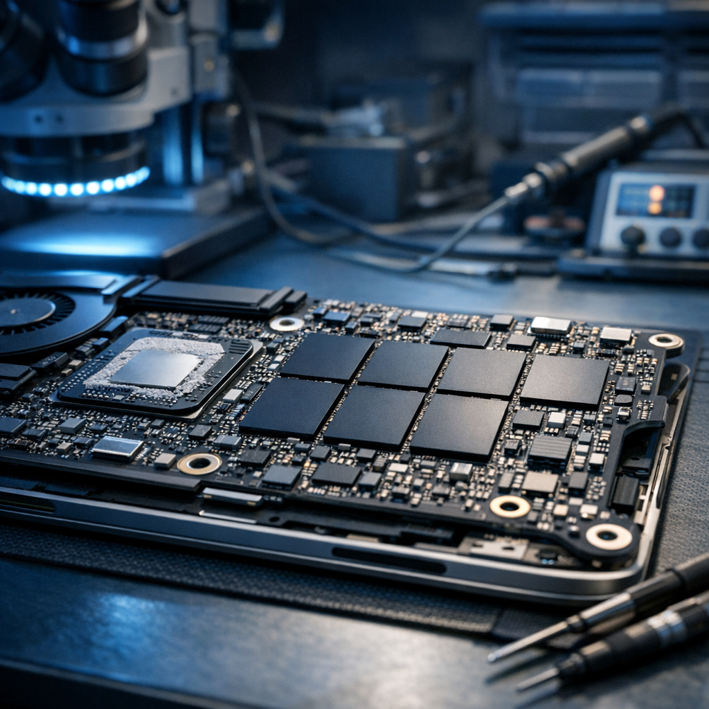 MacBook SSD fest verlötet – Datenrettung ohne funktionierendes Mainboard - Professional close-up of an opened modern Apple MacBook logic board with soldered SSD chips, data recovery lab atmosphere, blue technical lighting, clean electronics workbench, high detail, realistic, no text