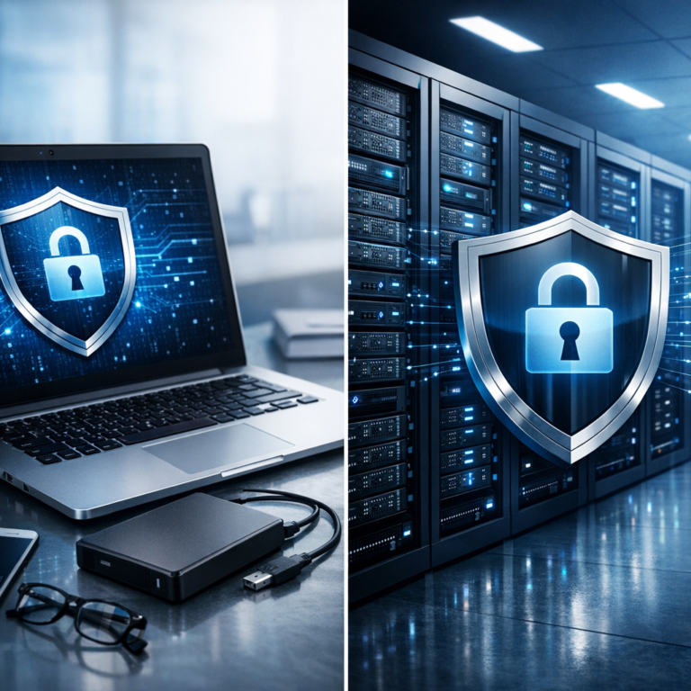 Private & Geschäftliche Datenrettung | Unterschiede und Risiken - Modern professional data recovery scene showing private and business data protection, split composition with laptop, external hard drive, server racks, shield lock icon, clean blue technology style, realistic, high quality