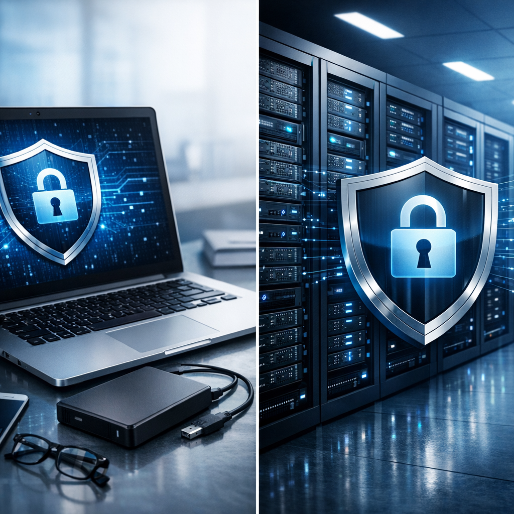 Private & Geschäftliche Datenrettung | Unterschiede und Risiken - Modern professional data recovery scene showing private and business data protection, split composition with laptop, external hard drive, server racks, shield lock icon, clean blue technology style, realistic, high quality