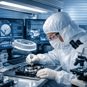 Professionelle Reinraum-Datenrettung: So arbeiten unsere IT-Forensiker - Professionelle Reinraum-Datenrettung im modernen IT-Forensik-Labor: Techniker in Schutzkleidung arbeitet an geöffneter Festplatte unter Reinraum-Werkbank, digitale Analysemonitore im Hintergrund, seriös, technisch, hochwertig, blau-weiße Farbwelt