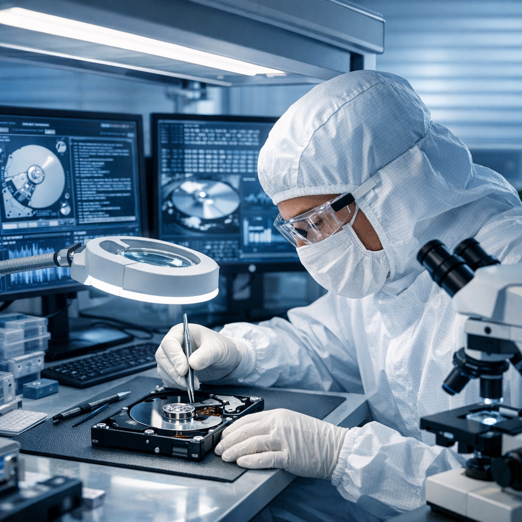Professionelle Reinraum-Datenrettung: So arbeiten unsere IT-Forensiker - Professionelle Reinraum-Datenrettung im modernen IT-Forensik-Labor: Techniker in Schutzkleidung arbeitet an geöffneter Festplatte unter Reinraum-Werkbank, digitale Analysemonitore im Hintergrund, seriös, technisch, hochwertig, blau-weiße Farbwelt