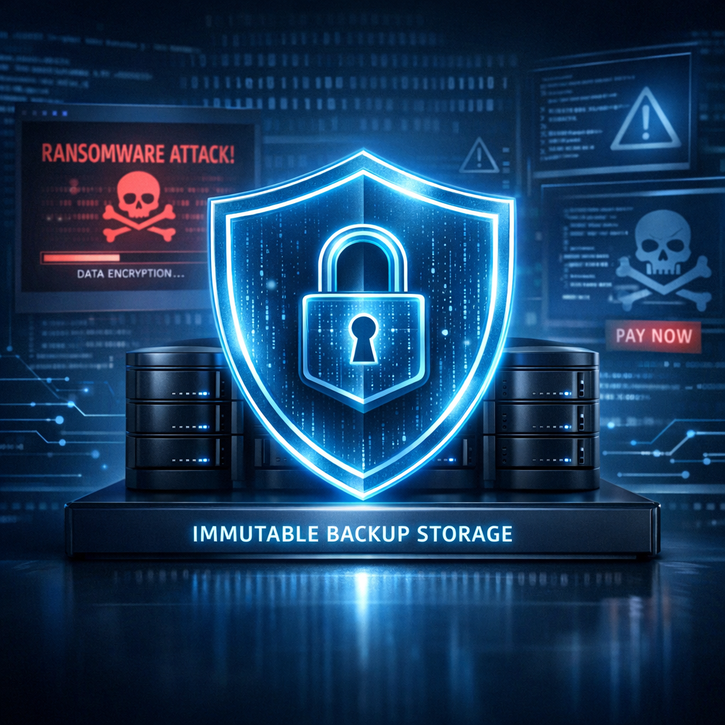 Ransomware-Schutz durch WORM & Immutable Object Lock - Modern cybersecurity concept image showing immutable backup storage protected by a glowing shield and lock, ransomware warning elements in the background, object storage nodes, blue and dark professional IT style, clean corporate composition