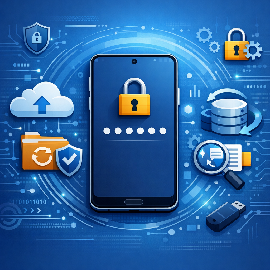 Samsung Galaxy PIN vergessen oder gesperrt – welche Möglichkeiten der Datenrettung gibt es? - Modern flat-lay illustration of a locked Samsung-style Android smartphone with PIN dots, cloud backup symbols, data recovery icons, secure blue tech background, professional IT blog header, no text