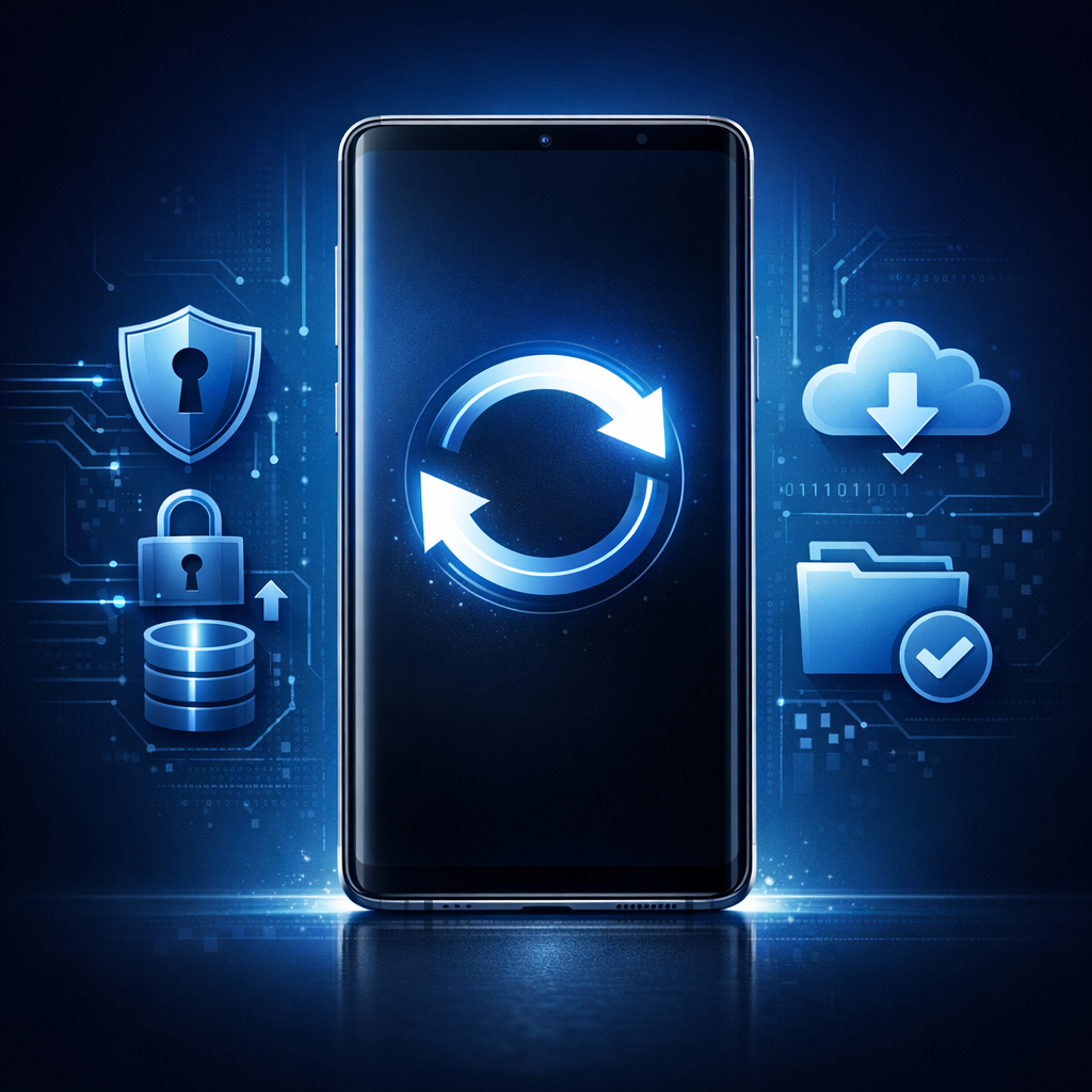 Samsung Galaxy S25 Ultra Bootloop – Daten retten, ohne das Smartphone zurückzusetzen - Modern technical illustration of a Samsung Galaxy style smartphone stuck in a bootloop with circular restart arrows, secure data recovery symbols, blue and dark gradient background, clean professional tech blog style, no text
