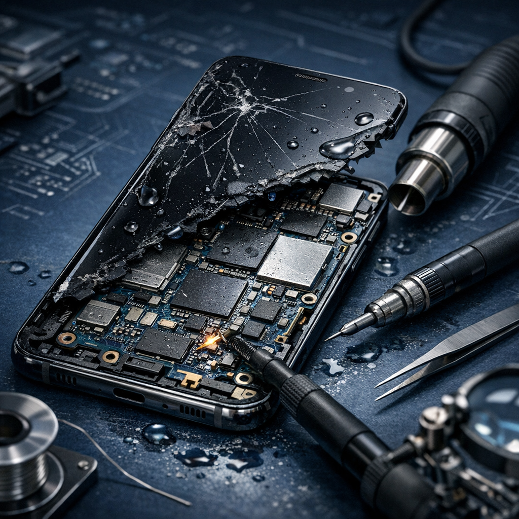 Samsung Galaxy startet nach einem Sturz oder Wasserschaden nicht mehr – warum eine Reparatur des Original-Mainboards für die Datenrettung entscheidend ist - Modern professional smartphone data recovery image: damaged Samsung Galaxy style phone after water drop and impact, exposed mainboard with micro soldering repair tools, dark blue technical background, clean realistic service illustration, no text, high quality.