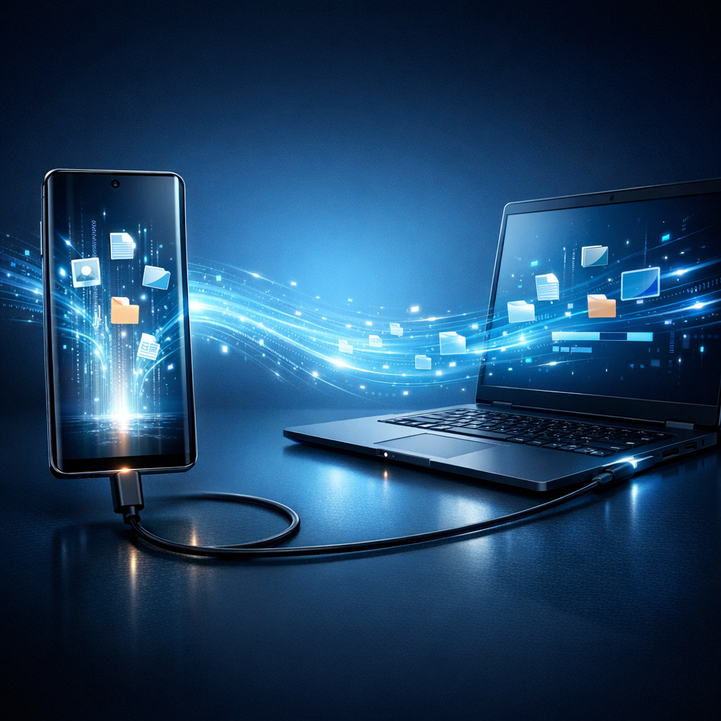 Samsung Galaxy wird vom PC nicht erkannt – Datenrettung - Modern professional tech illustration of a Samsung Galaxy smartphone connected to a Windows PC via USB-C, data recovery concept, glowing data streams, clean blue dark background, realistic device silhouettes, no text
