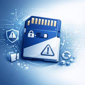 Schreibschutz lässt sich nicht aufheben? Was der „Read-Only“-Modus bei SD-Karten bedeutet - Modern technical illustration of an SD card with a small lock icon and read-only warning, clean blue and white color scheme, data recovery and storage security theme, professional blog header image, no text