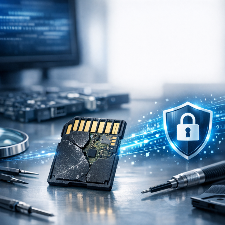 SD-Karte defekt oder formatiert? Der Praxis-Ratgeber zur sicheren Datenrettung - Modernes, professionelles Titelbild für einen deutschen Praxis-Ratgeber zur SD-Karten-Datenrettung: defekte SD-Karte auf sauberem Technik-Arbeitsplatz, dezente blaue Akzente, Datenströme, Sicherheitssymbol, seriöser IT-Service-Look, scharf, hell, ohne Text