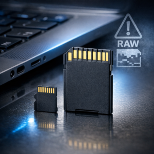 SD-Karte wird als RAW angezeigt: So retten Sie Ihre Bilder ohne Formatierung - Realistic professional close-up of a microSD and SD memory card beside a laptop, digital photo recovery concept, subtle warning RAW file system icon, modern clean tech style, blue accent lighting, high detail, no text