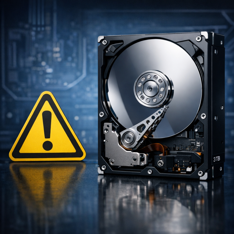 Seagate ST3000DM001: Klickende Festplatte und keine Daten mehr – was tun? - Modern realistic data recovery scene: open hard drive with warning symbol, Seagate-style 3TB desktop HDD concept, dark blue technical background, professional clean lighting, no brand logos, no text overlay
