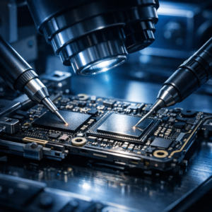 Smartphone-Datenrettung der neuesten Generation – NAND, CPU und Mainboard bei modernen Geräten - Modern smartphone data recovery lab scene, close-up of smartphone mainboard with NAND memory chip and CPU under microscope, precise micro soldering tools, blue technical lighting, clean professional electronics repair environment, high-tech, realistic, no text