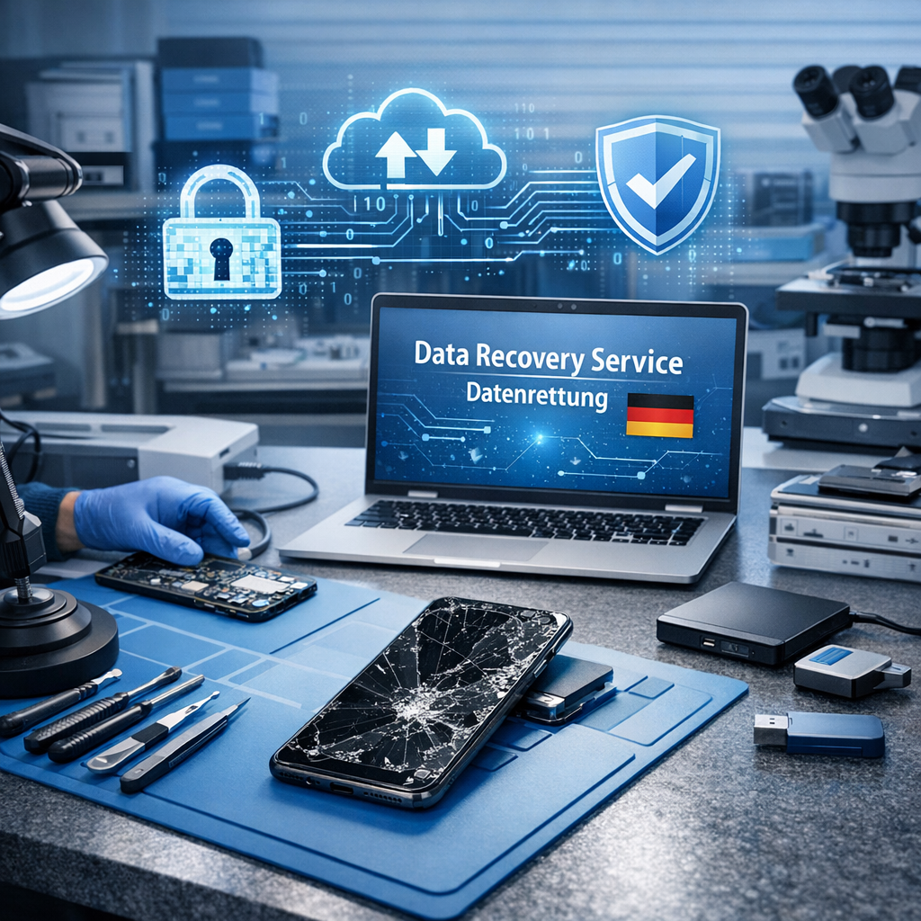Smartphone-Datenrettung für Privatkunden in Deutschland - Modern professional smartphone data recovery service in Germany for private customers, technician desk with damaged smartphone, secure digital data icons, clean blue technology style, realistic, trustworthy, high quality