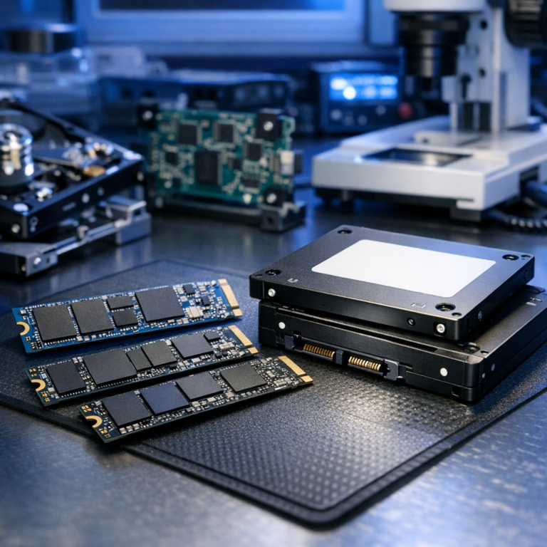 SSD-Datenrettung Deutschland – NVMe, M.2 und SATA - Modern professional data recovery lab in Germany, close-up of NVMe M.2 and SATA SSD drives on a clean workbench, blue technology lighting, circuit boards, secure digital data recovery concept, realistic, high detail