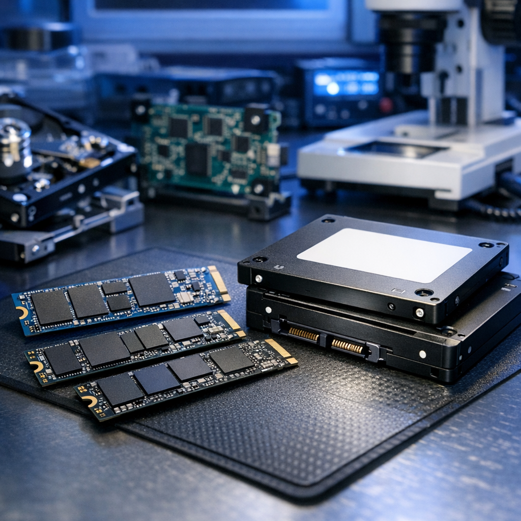 SSD-Datenrettung Deutschland – NVMe, M.2 und SATA - Modern professional data recovery lab in Germany, close-up of NVMe M.2 and SATA SSD drives on a clean workbench, blue technology lighting, circuit boards, secure digital data recovery concept, realistic, high detail