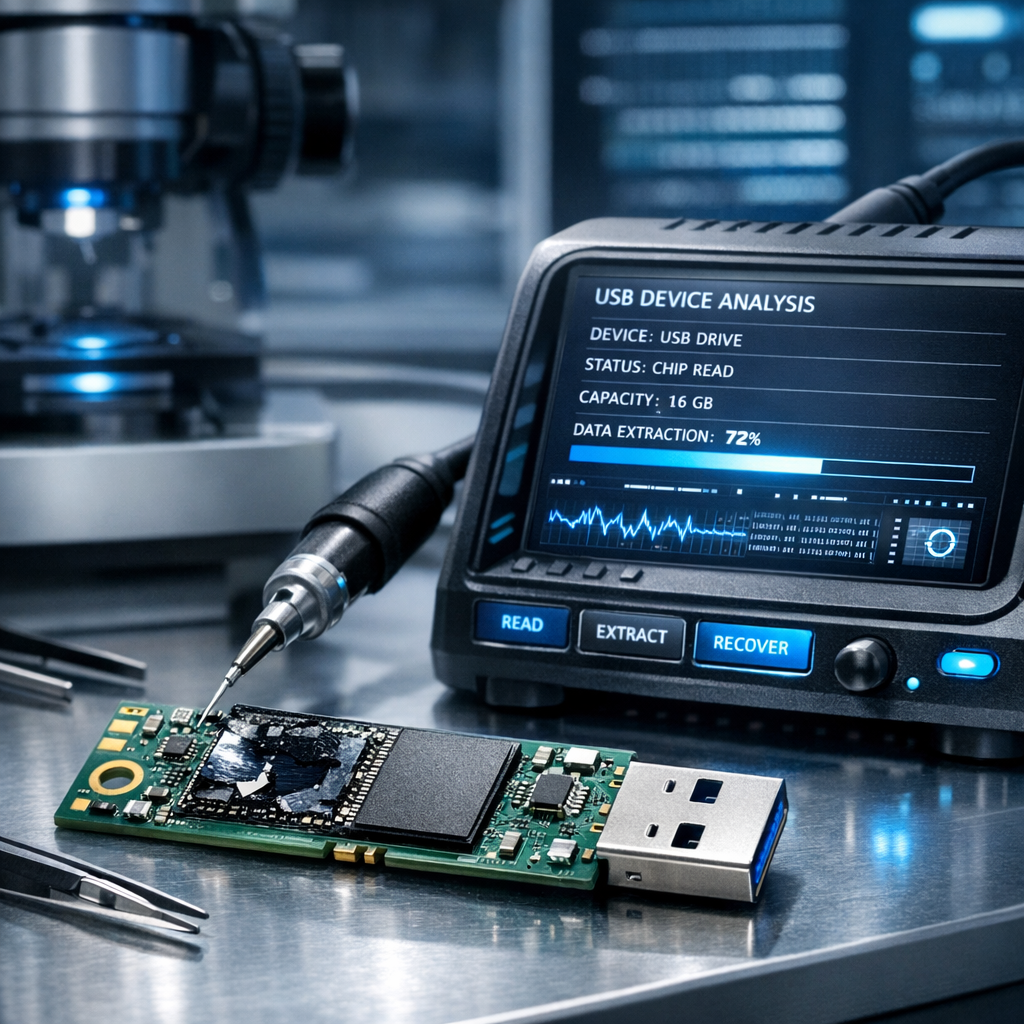 USB-Stick defekt: Häufige Fragen zur professionellen Datenrettung - Professionelle Datenrettung eines defekten USB-Sticks im modernen Labor, Nahaufnahme von USB-Stick, Platine und Diagnosegerät, clean tech style, blue accents, realistic, high quality