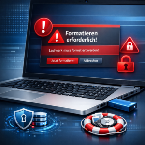 USB-STICK – Formatieren erforderlich? Warum Sie diese Meldung jetzt nicht bestätigen dürfen - Modernes technisches Titelbild: USB-Stick an Laptop, Warnmeldung 'Formatieren erforderlich' auf Bildschirm, rote Warnsymbole, Datenrettung und Datensicherheit, cleanes blau-rotes Farbschema, professioneller IT-Ratgeber-Stil, keine Markenlogos