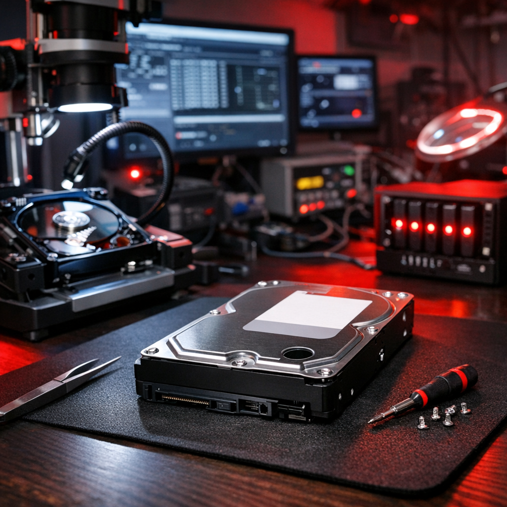 WD Red WD30EFRX Datenrettung – bei Headcrash, Lesefehlern und Festplattenausfall - Modern hard drive data recovery lab, NAS HDD on technician desk, red accent lighting, realistic photo, no text