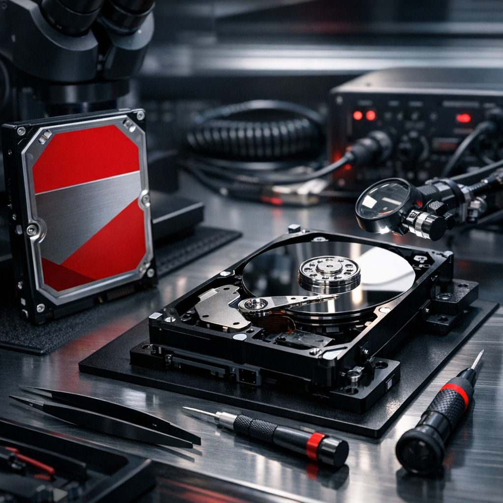 WD Red WD30EFRX Datenrettung – Headcrash, defekte Köpfe und beschädigte Sektoren - Professional data recovery lab scene with a Western Digital Red NAS hard drive, open HDD platter under cleanroom lighting, technician tools, subtle red and dark color palette, modern technical style, no readable text