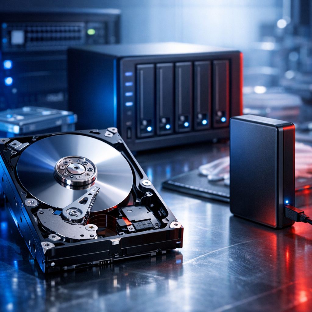 Western Digital Datenrettung – WD Red, Blue, Black & Elements mit Festplattenfehlern - Modern technical hero image for Western Digital hard drive data recovery: opened HDD platter, blue and red diagnostic lighting, NAS drives, USB external drive, clean professional IT lab atmosphere, no text, realistic, high detail
