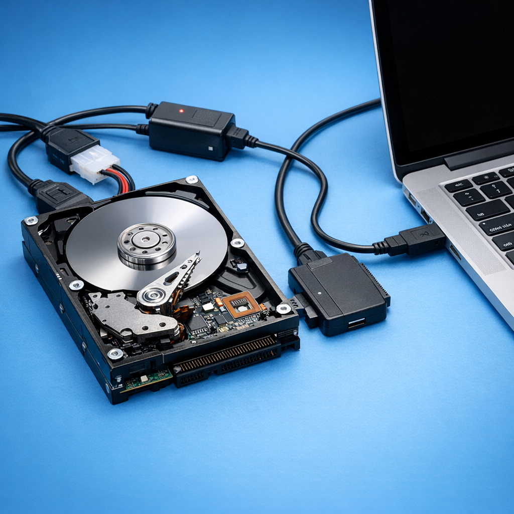 Wie kann ich auf die Daten einer alten Festplatte zugreifen? - Modern realistic tech illustration of an old hard drive connected to a laptop with USB adapter, data recovery concept, clean blue background, professional WordPress blog featured image, no text