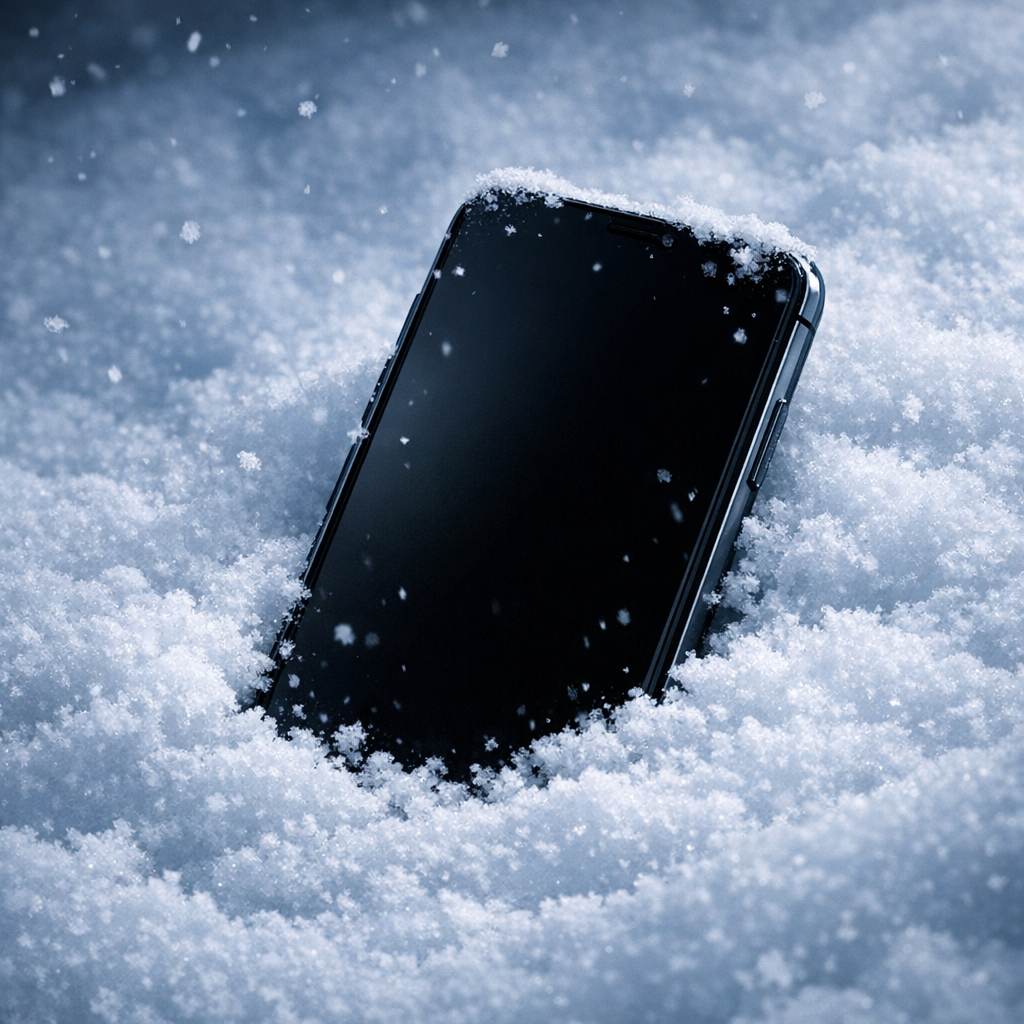 Das Handy ist im Schnee ausgegangen und bleibt schwarz – wie rette ich meine Fotos? - Realistic modern smartphone lying in fresh snow with a dark black screen, subtle cold blue lighting, small snowflakes, data recovery and photo rescue concept, professional clean tech blog hero image, no text