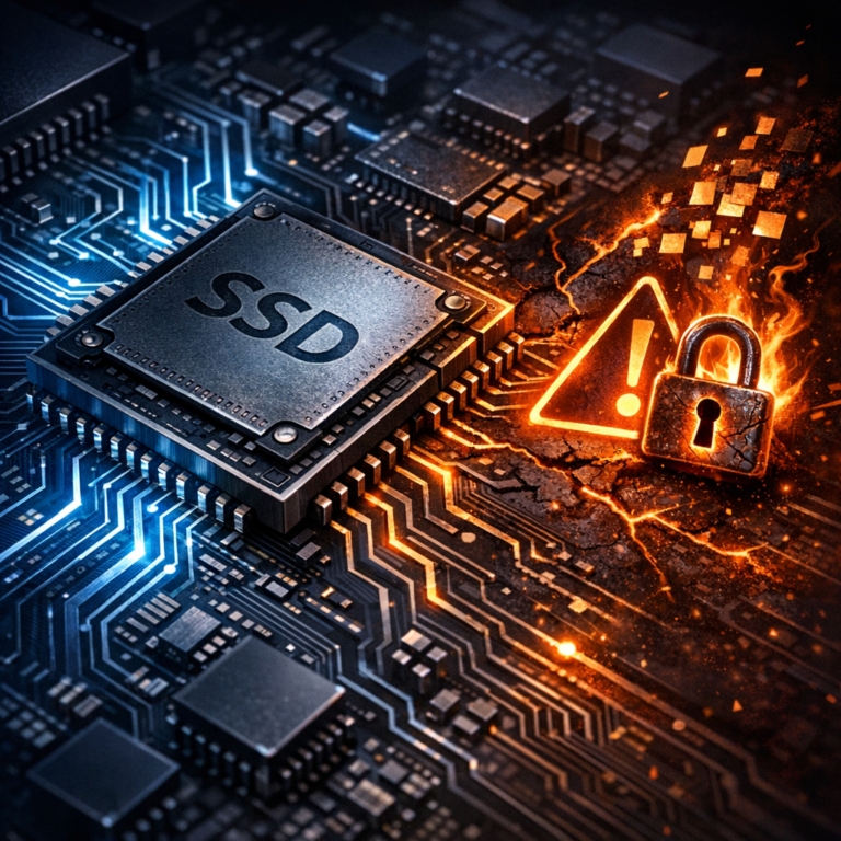 Das SSD-Firmware-Lockout (Der stille Tod des Controllers) - Modern dark technical illustration of a solid state drive SSD controller chip with glowing circuit paths, warning lock symbol, firmware failure concept, data recovery theme, professional tech blog hero image, high detail, no text