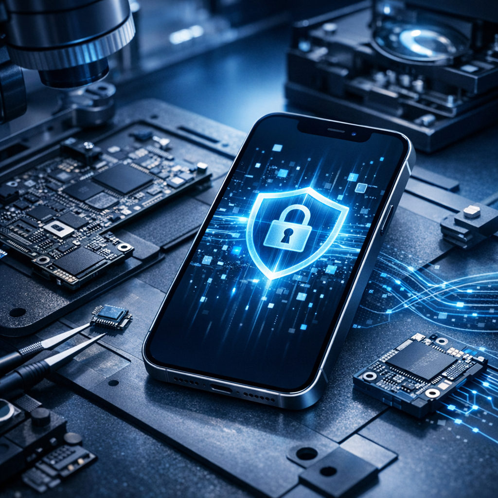 Daten retten – Besonderheiten neuerer iPhone-Modelle (iPhone 13 bis iPhone 16) - Modernes Beitragsbild zur iPhone Datenrettung: aktuelles iPhone 13 bis iPhone 16 auf professionellem Reparaturtisch, Mikroelektronik, Platine, Datenströme, sichere Verschlüsselung, cleanes blaues Tech-Design, seriös, hochwertig, ohne Text
