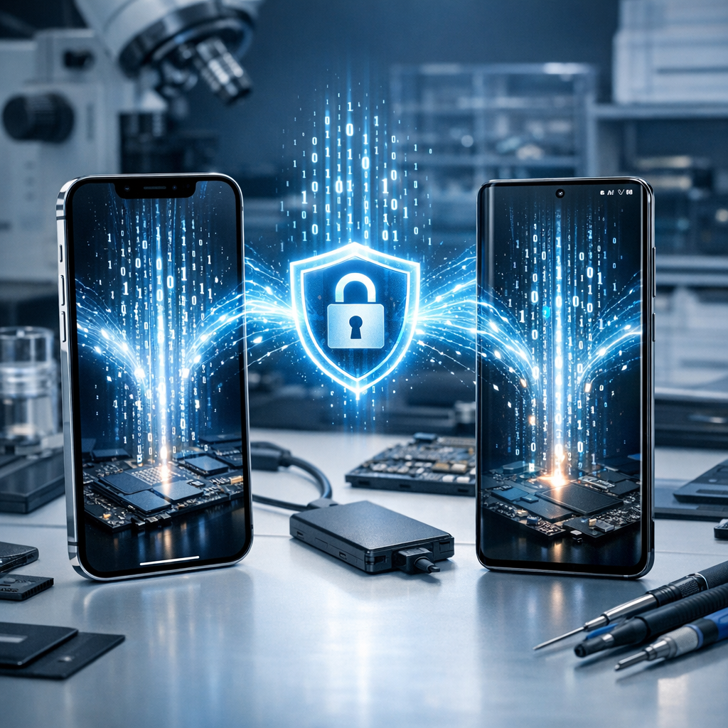 Datenrettung bei den neuesten Smartphones – Was heute noch möglich ist - Modern smartphone data recovery concept, latest iPhone and Android devices on a clean technical workbench, glowing data streams, secure lock icon, professional repair lab atmosphere, blue and white color palette, high quality realistic editorial style