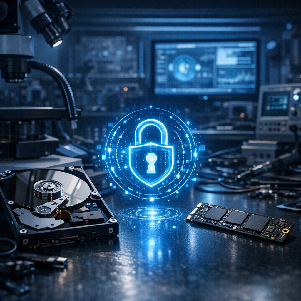 Datenrettung bei verschlüsselten Laufwerken - Modern professional data recovery laboratory scene with encrypted hard drive and SSD, glowing lock symbol, cybersecurity and storage technology, clean blue dark theme, high detail, no text