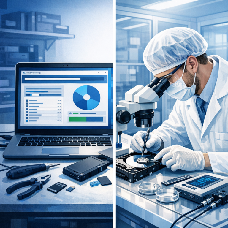 DIY-Software vs. Professionelles Datenrettungslabor (Kosten & Risiko) - Modern editorial tech illustration comparing DIY data recovery software versus professional data recovery laboratory, split screen with laptop recovery scan on one side and clean lab technician with hard drive diagnostics on the other, blue and white color palette, professional, high detail, no text
