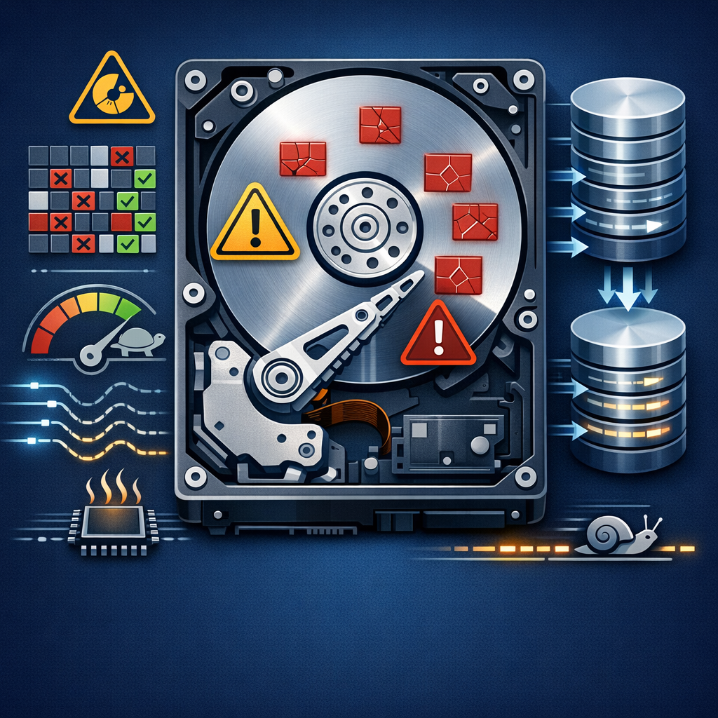 Extrem langsamer Zugriff & Defekte Sektoren (SMR-Problematik) - Modern technical illustration of a hard drive with warning symbols, damaged disk sectors, slow data transfer lines, SMR storage concept, dark blue background, clean IT diagnostic style, no text