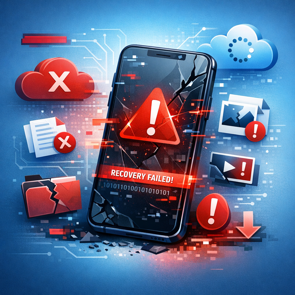 Fehler bei der Smartphone Datenrettung - Modern professional illustration of smartphone data recovery errors, damaged smartphone with warning icon, digital files and cloud symbols, clean blue and red tech style, suitable for German IT blog featured image