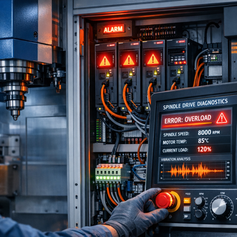 Fehler im Spindelantrieb und fehlende Initialisierung - Modern industrial CNC machine spindle drive diagnostic scene, control cabinet with servo drive, warning indicators, technician interface, clean technical style, blue and orange accent lighting, realistic professional engineering visual