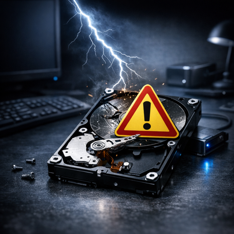 Festplatte nach Stromausfall defekt – was jetzt zu tun ist - Professionelles Titelbild für einen deutschen IT-Ratgeber: defekte Festplatte nach Stromausfall, dunkler moderner Arbeitsplatz, HDD mit Warnsymbol, Stromblitz, dezente blaue Akzente, seriöser Datenrettungs-Look, realistisch, clean, 16:9