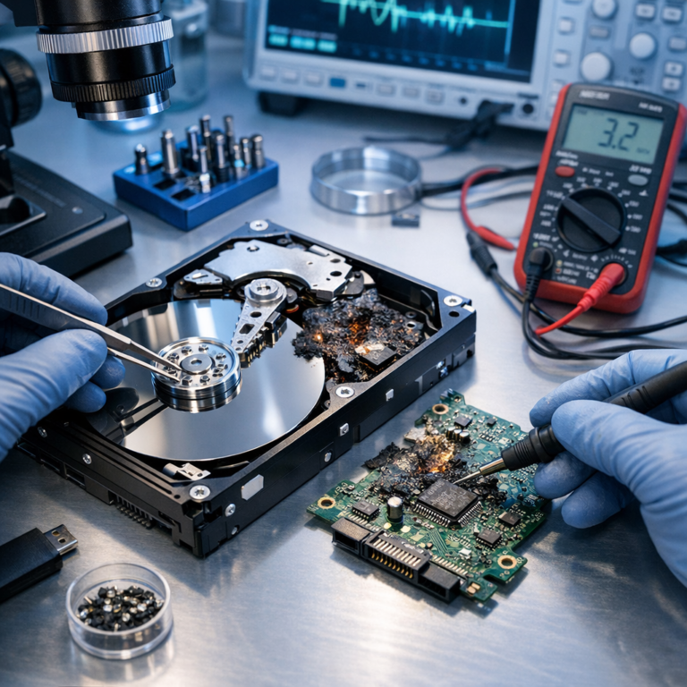 HDD mit beschädigter Elektronik: Datenrettung trotz Platinenfehler - Professionelle Datenrettung einer geöffneten HDD-Festplatte mit beschädigter Elektronikplatine auf einem sauberen Labortisch, technische Diagnose, moderne IT-Optik, blaues Licht, realistisch, hochwertig
