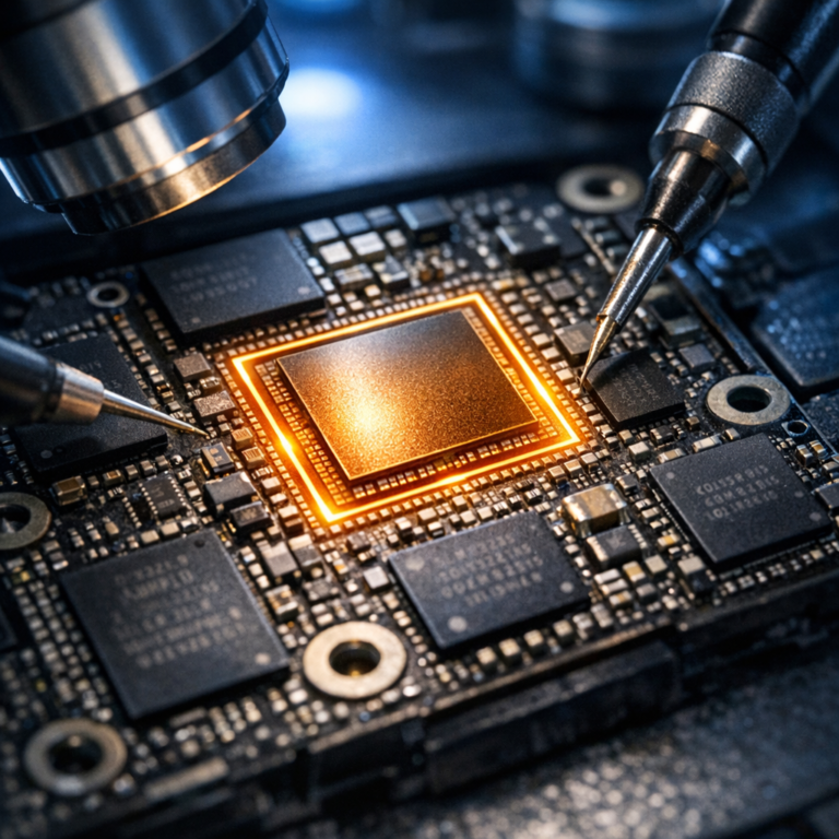 iPhone 14 CPU Short Datenrettung Data Recovery - Professional macro photo style illustration of an iPhone 14 logic board under microscope, CPU area highlighted, data recovery lab, micro soldering tools, modern clean blue lighting, high detail, technical and trustworthy