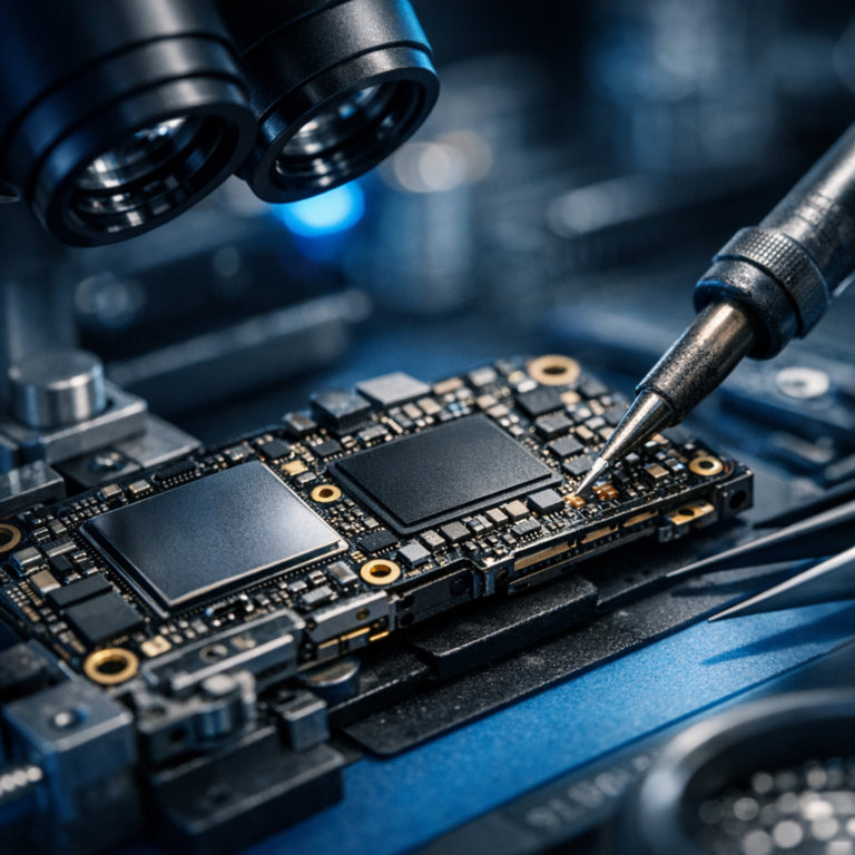 iPhone 14 Pro Datenrettung mit Logicboard-Boardswap - Professional macro photo style of an iPhone 14 Pro logic board under a microscope, micro soldering workstation, data recovery concept, clean modern tech lab, blue accent lighting, high detail, no text