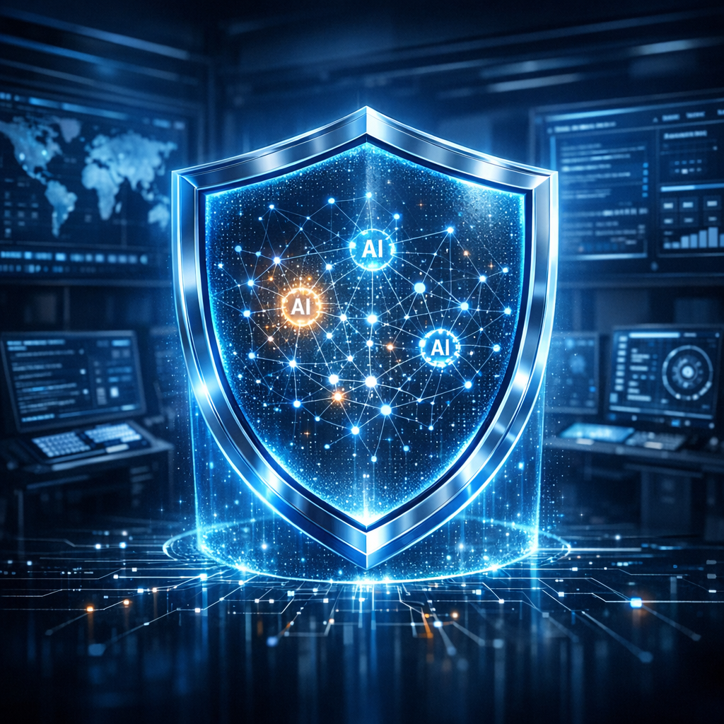 Is your cyber resilience ready for the AI era? - Modern cyber resilience concept for the AI era, digital shield protecting a glowing network, artificial intelligence nodes, blue and dark security operations center style, professional enterprise cybersecurity visual, clean high-tech composition
