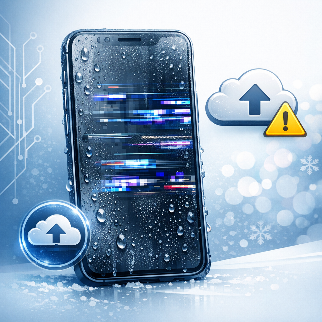 Kondenswasser nach dem Spaziergang: Display spinnt, Backup geht nicht – was tun? - Modern tech support illustration: smartphone with condensation droplets after a cold winter walk, glitching display, cloud backup warning icon, clean blue and white style, professional blog header, no text