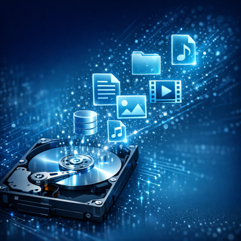 Logischer Datenverlust (Versehentlich gelöscht oder formatiert) - Modern professional data recovery concept for logical data loss, deleted files and formatted drive, abstract hard drive with glowing file icons, clean blue technology background, no text